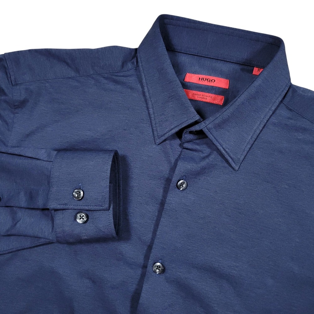 Hugo Boss Shirt Mens M Navy Casual Slim Fit Stretch Button Up Business Career